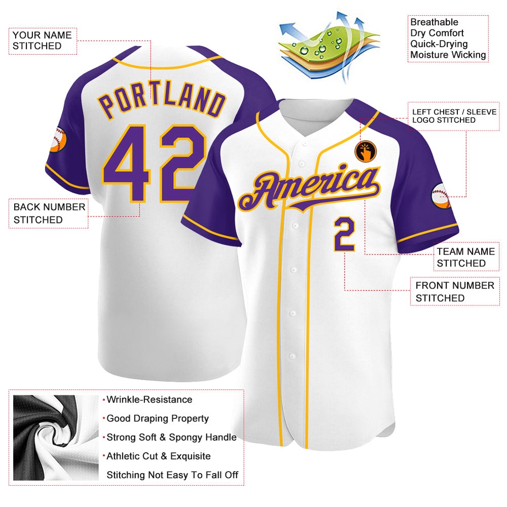 White Purple-Gold Authentic Raglan Sleeves Baseball Jersey, Custom Baseball Jersey, Personalized Sport Jersey