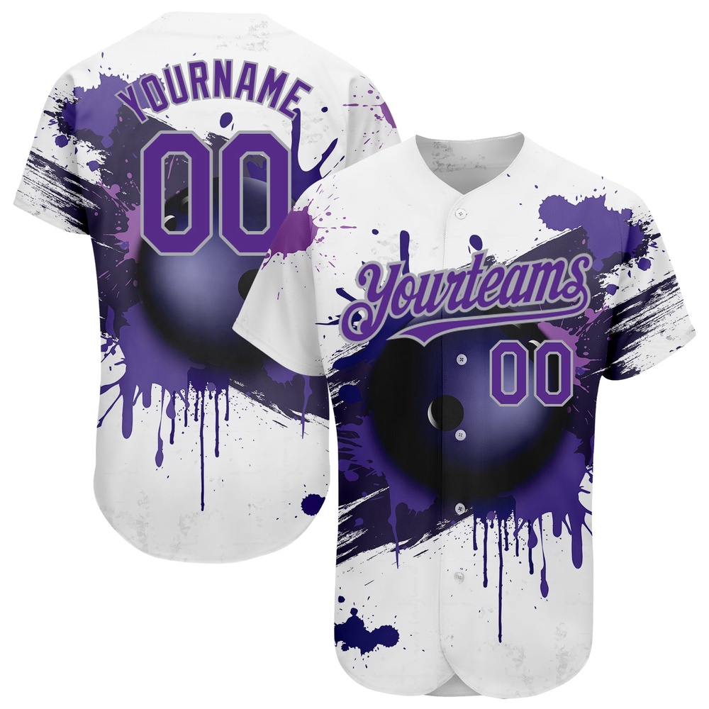 White Purple-Gray 3D Pattern Design Bowling Ball Authentic Baseball Jersey, Custom Baseball Jersey, Personalized Sport Jersey