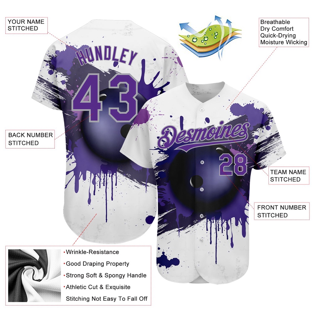 White Purple-Gray 3D Pattern Design Bowling Ball Authentic Baseball Jersey, Custom Baseball Jersey, Personalized Sport Jersey