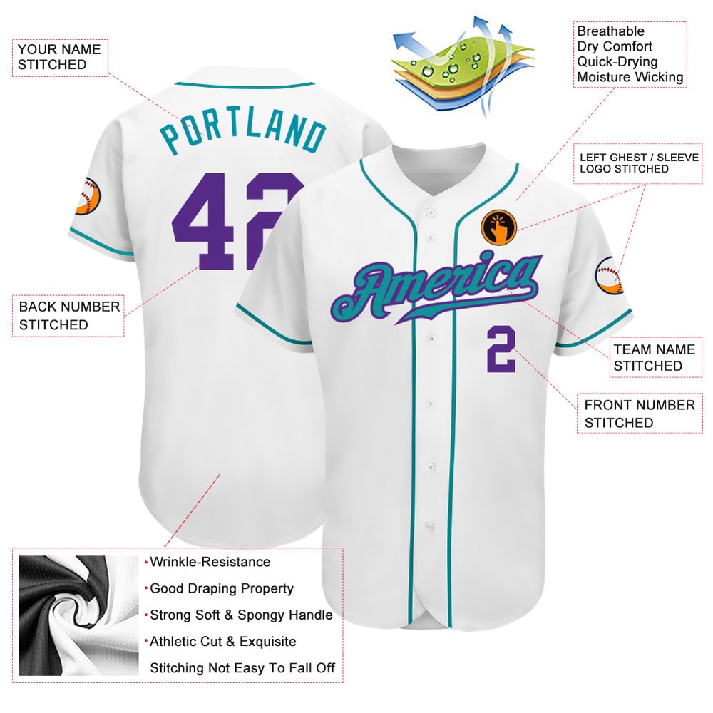 White Purple-Teal Authentic Baseball Jersey, Custom Baseball Jersey, Personalized Sport Jersey