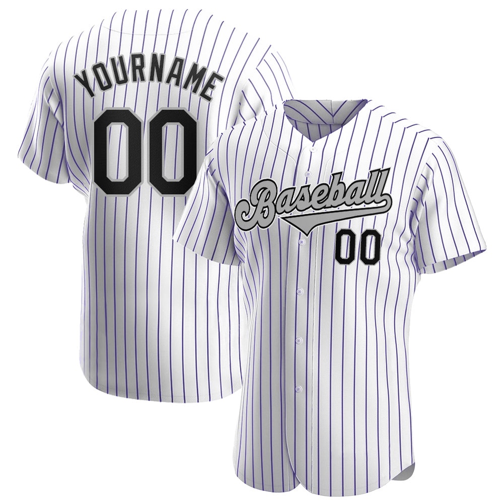 White Purple Pinstripe Black-Gray Authentic Baseball Jersey, Custom Baseball Jersey, Personalized Sport Jersey White Purple Pinstripe Black-Gray Authentic Baseball Jersey, Custom Baseball Jersey, Personalized Sport Jersey