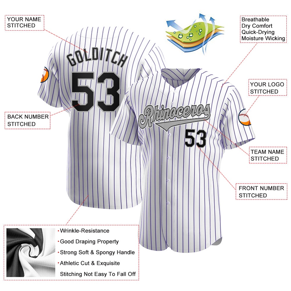 White Purple Pinstripe Black-Gray Authentic Baseball Jersey, Custom Baseball Jersey, Personalized Sport Jersey White Purple Pinstripe Black-Gray Authentic Baseball Jersey, Custom Baseball Jersey, Personalized Sport Jersey