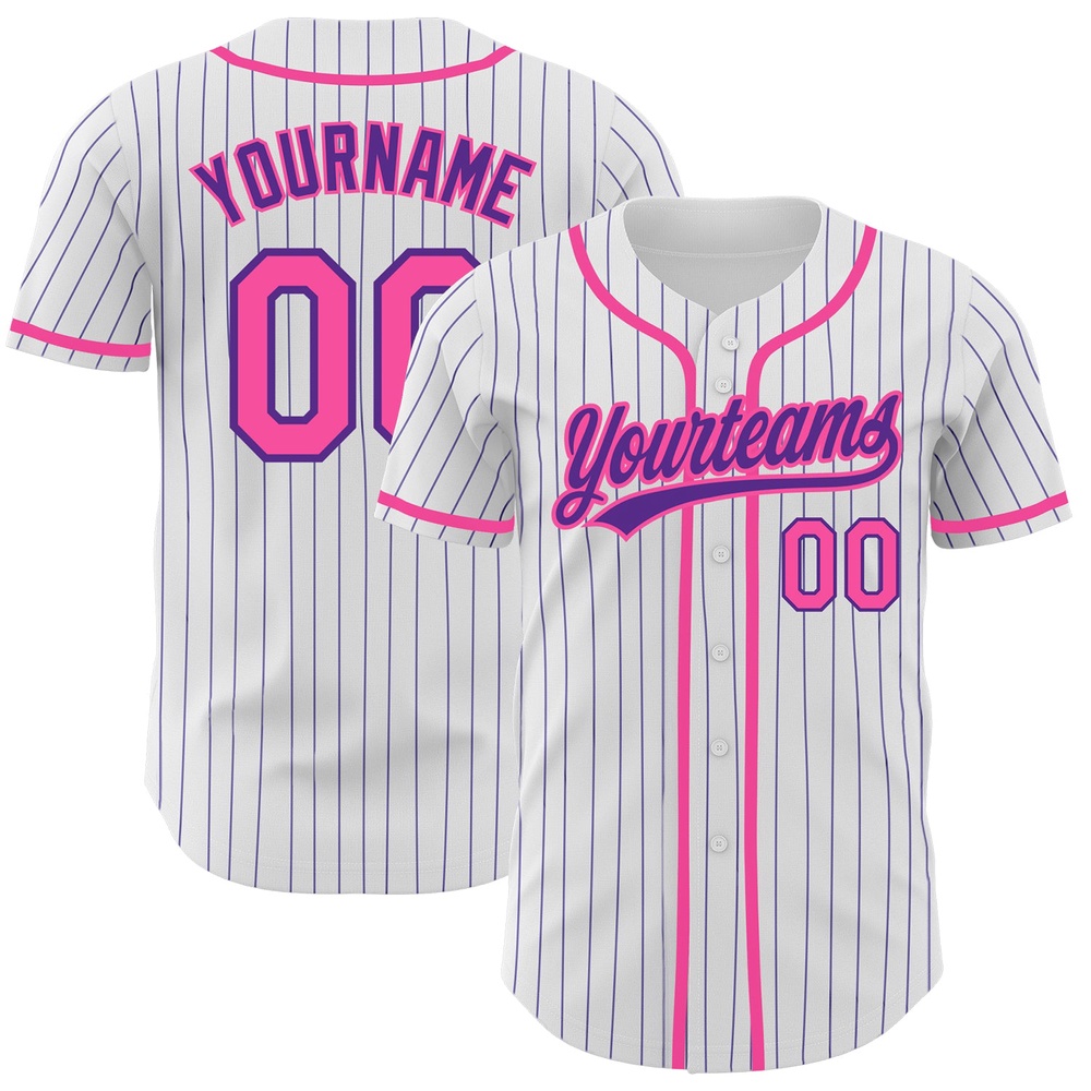 White Purple Pinstripe Pink Authentic Baseball Jersey, Custom Baseball Jersey, Personalized Sport Jersey