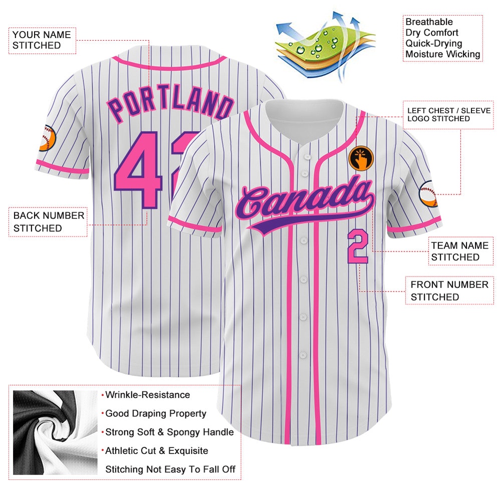 White Purple Pinstripe Pink Authentic Baseball Jersey, Custom Baseball Jersey, Personalized Sport Jersey