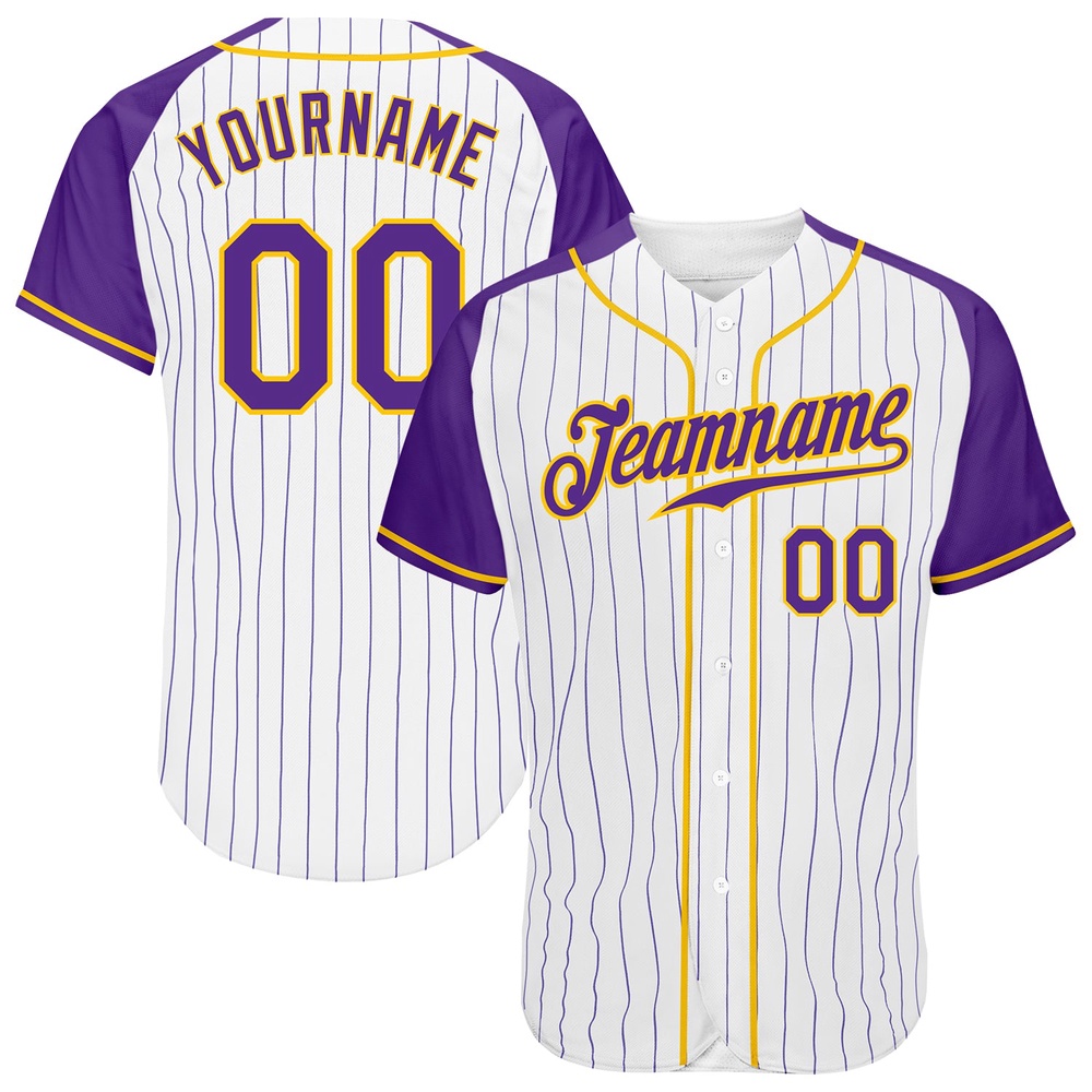 White Purple Pinstripe Purple-Gold Authentic Raglan Sleeves Baseball Jersey, Custom Baseball Jersey, Personalized Sport Jersey