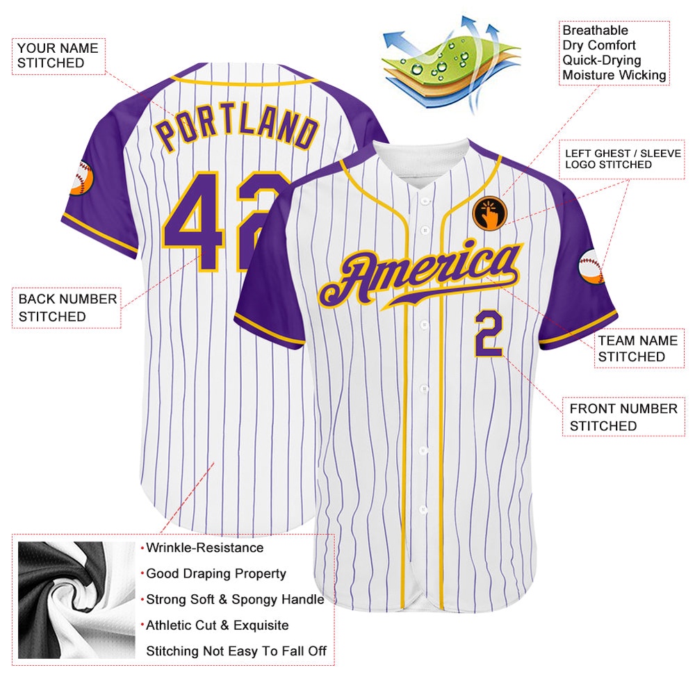 White Purple Pinstripe Purple-Gold Authentic Raglan Sleeves Baseball Jersey, Custom Baseball Jersey, Personalized Sport Jersey