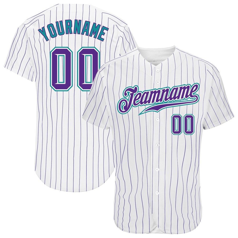 White Purple Pinstripe Purple-Teal Authentic Baseball Jersey, Custom Baseball Jersey, Personalized Sport Jersey