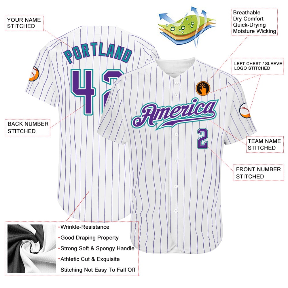 White Purple Pinstripe Purple-Teal Authentic Baseball Jersey, Custom Baseball Jersey, Personalized Sport Jersey