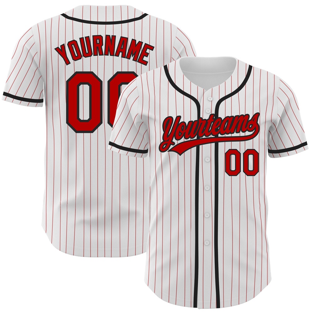 White Red Pinstripe Red-Black Authentic Baseball Jersey, Custom Baseball Jersey, Personalized Sport Jersey
