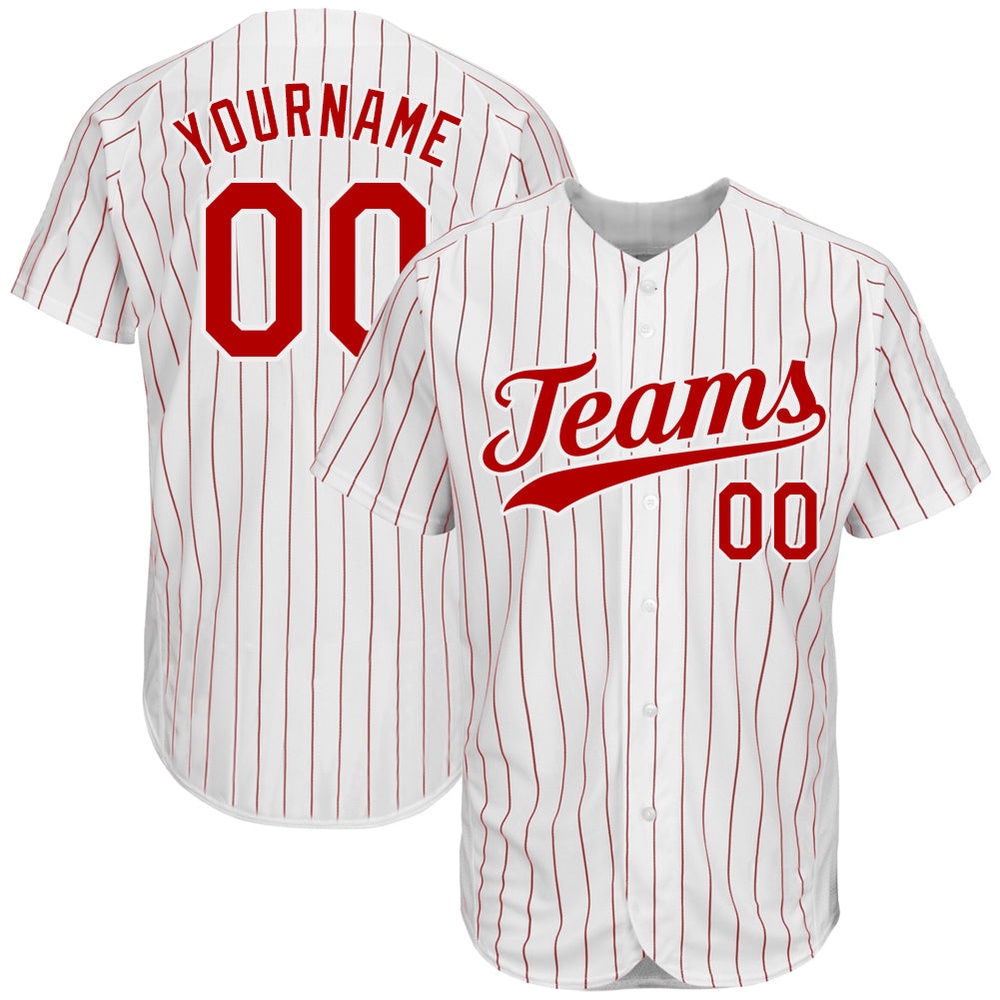 White Red Pinstripe Red-White Authentic Baseball Jersey, Custom Baseball Jersey, Personalized Sport Jersey