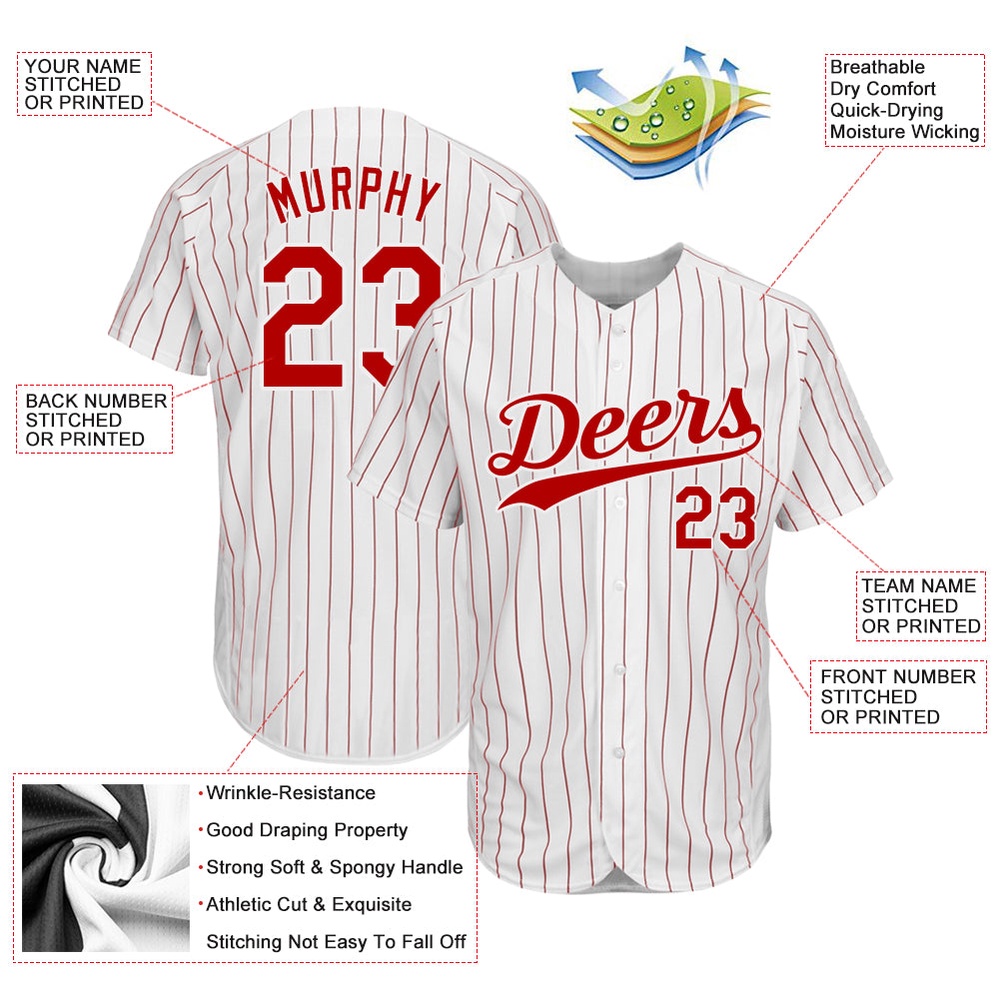 White Red Pinstripe Red-White Authentic Baseball Jersey, Custom Baseball Jersey, Personalized Sport Jersey