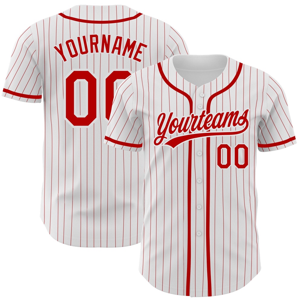 White Red Pinstripe Red Authentic Baseball Jersey, Custom Baseball Jersey, Personalized Sport Jersey