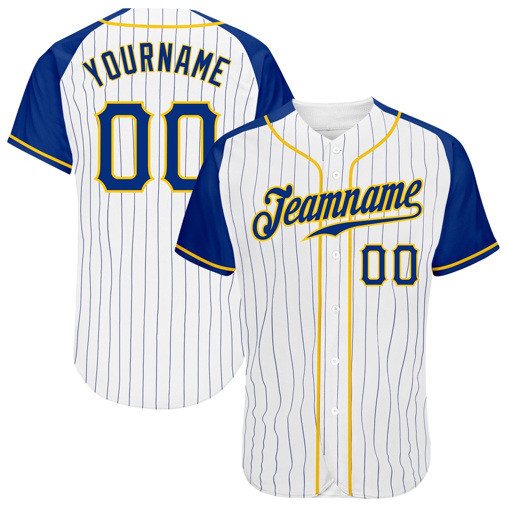 White Royal Pinstripe Royal-Gold Authentic Raglan Sleeves Baseball Jersey, Custom Baseball Jersey, Personalized Sport Jersey