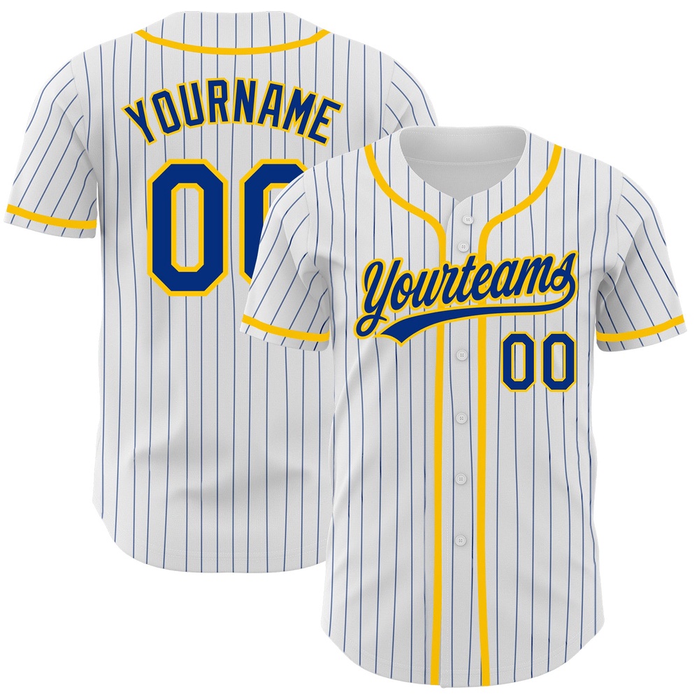 White Royal Pinstripe Royal-Yellow Authentic Baseball Jersey, Custom Baseball Jersey, Personalized Sport Jersey