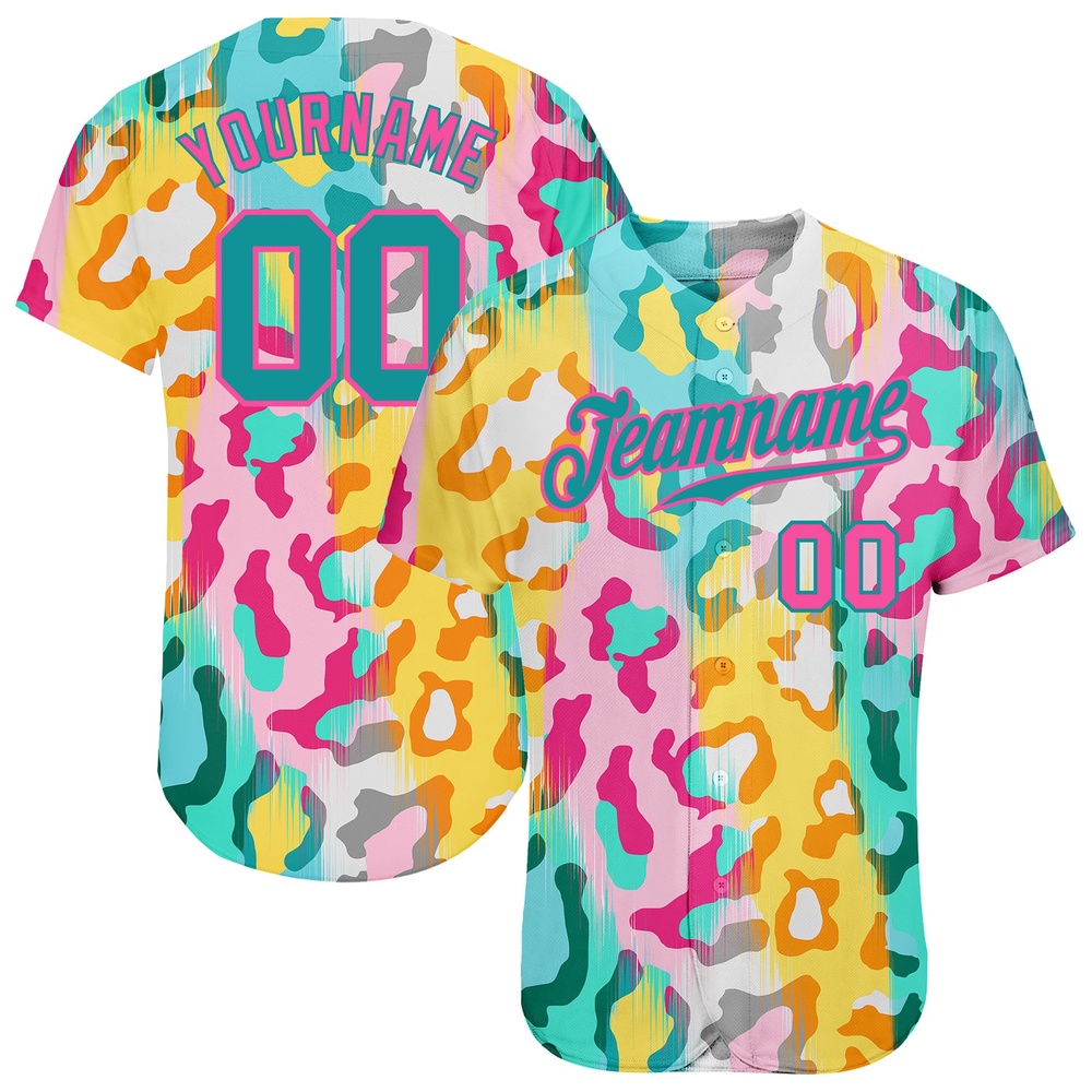 White Teal-Pink 3D Pattern Design Leopard Authentic Baseball Jersey, Custom Baseball Jersey, Personalized Sport Jersey