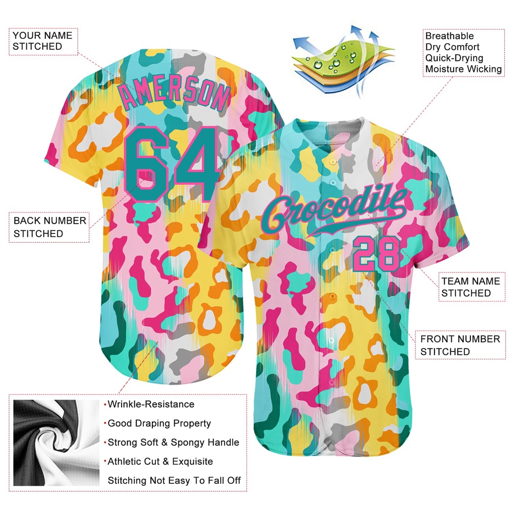 White Teal-Pink 3D Pattern Design Leopard Authentic Baseball Jersey, Custom Baseball Jersey, Personalized Sport Jersey