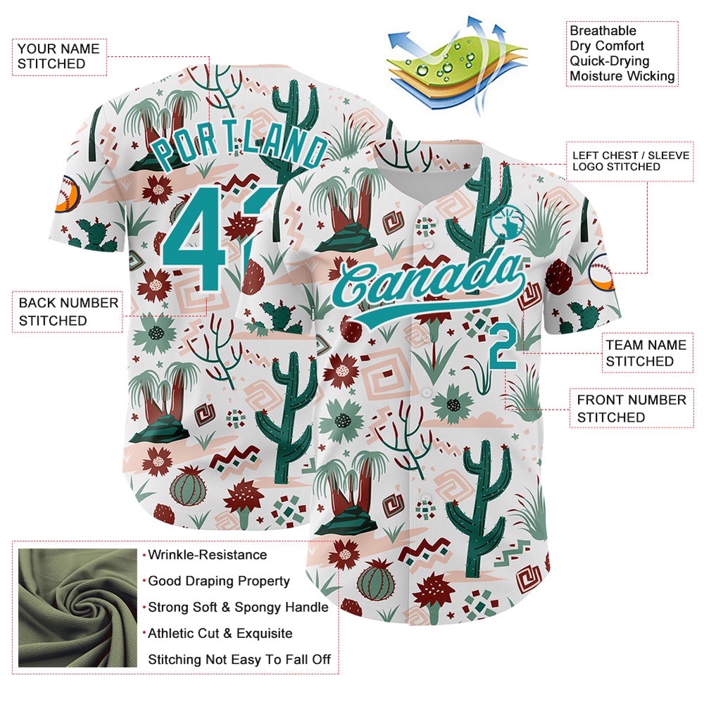 White Teal 3D Pattern Design Cactus Festival Authentic Baseball Jersey, Custom Baseball Jersey, Personalized Sport Jersey