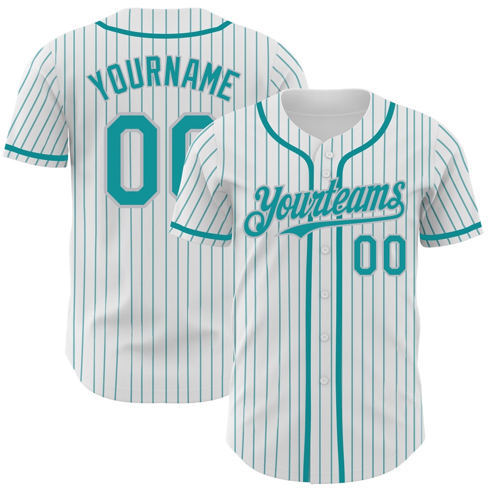 White Teal Pinstripe Gray Authentic Baseball Jersey, Custom Baseball Jersey, Personalized Sport Jersey