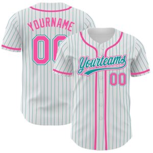 White Teal Pinstripe Pink Authentic Baseball Jersey,…