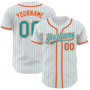 White Teal Pinstripe Teal-Orange Authentic Baseball Jersey,…