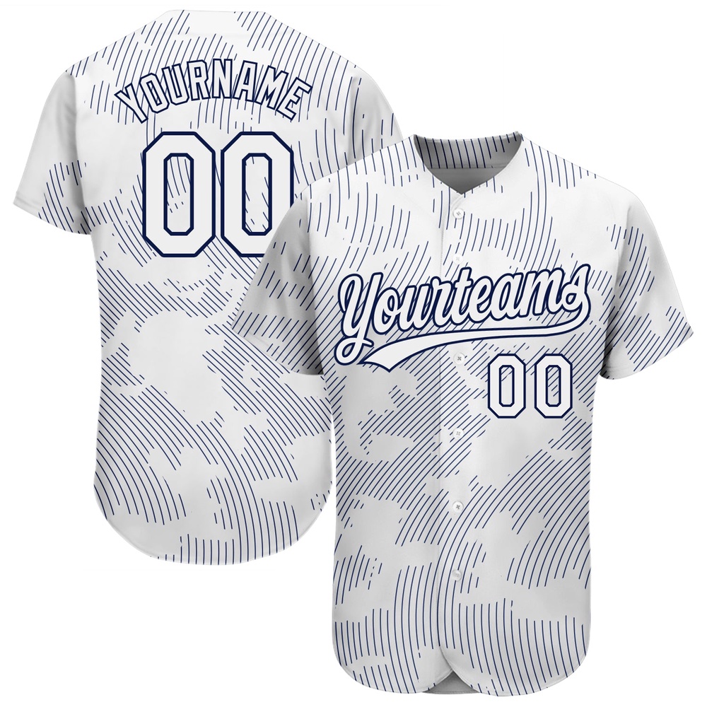 White White-Navy 3D Pattern Design Authentic Baseball Jersey, Custom Baseball Jersey, Personalized Sport Jersey