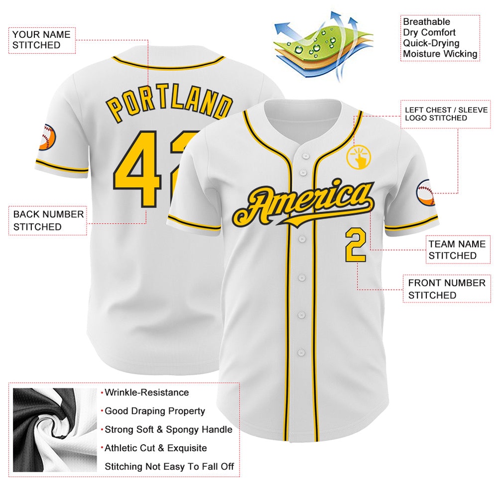 White Yellow-Black Authentic Baseball Jersey, Custom Baseball Jersey, Personalized Sport Jersey