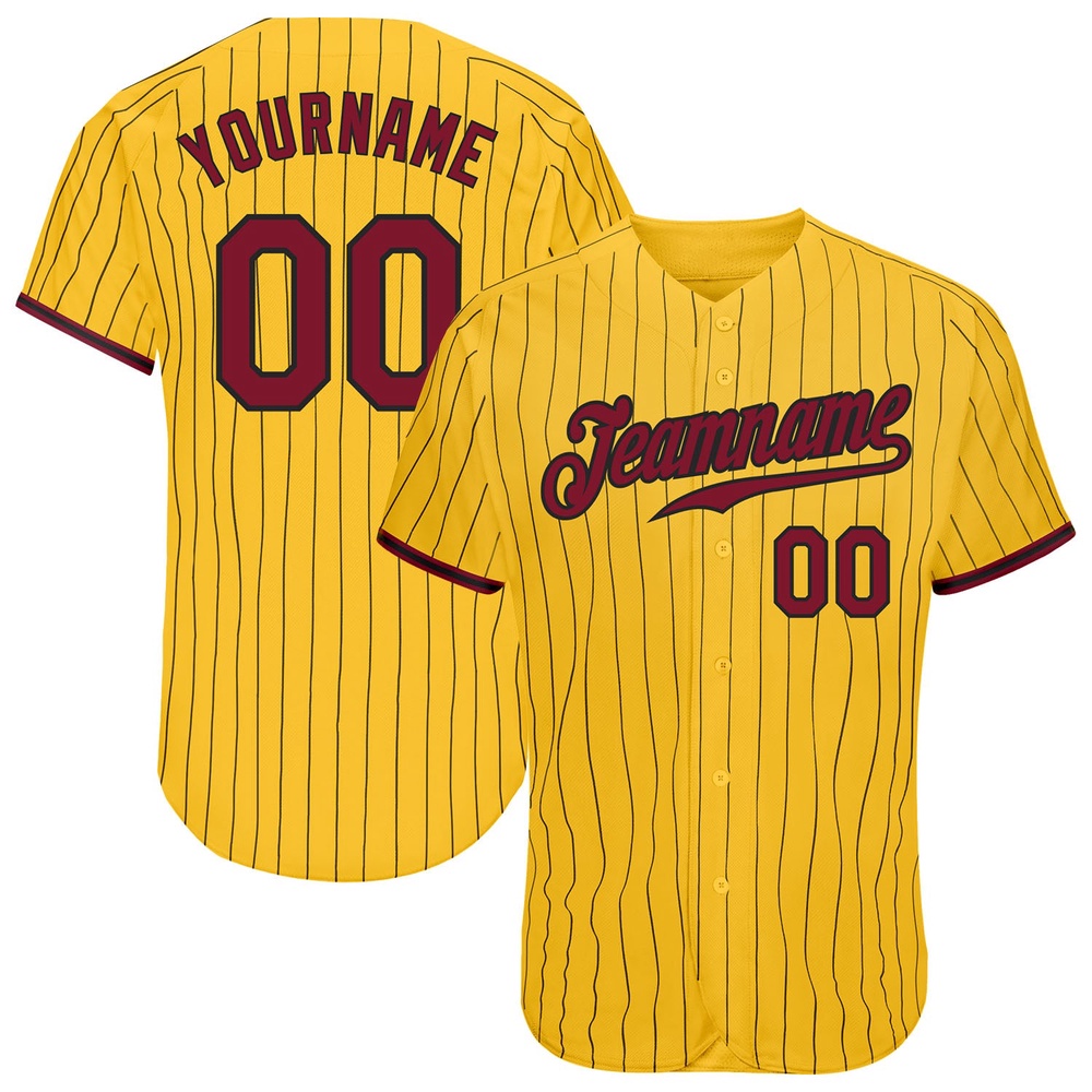 Yellow Black Pinstripe Crimson-Black Authentic Baseball Jersey, Custom Baseball Jersey, Personalized Sport Jersey