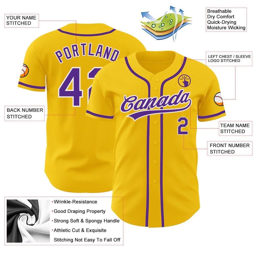 Yellow Purple-White Authentic Baseball Jersey, Custom Baseball Jersey, Personalized Sport Jersey