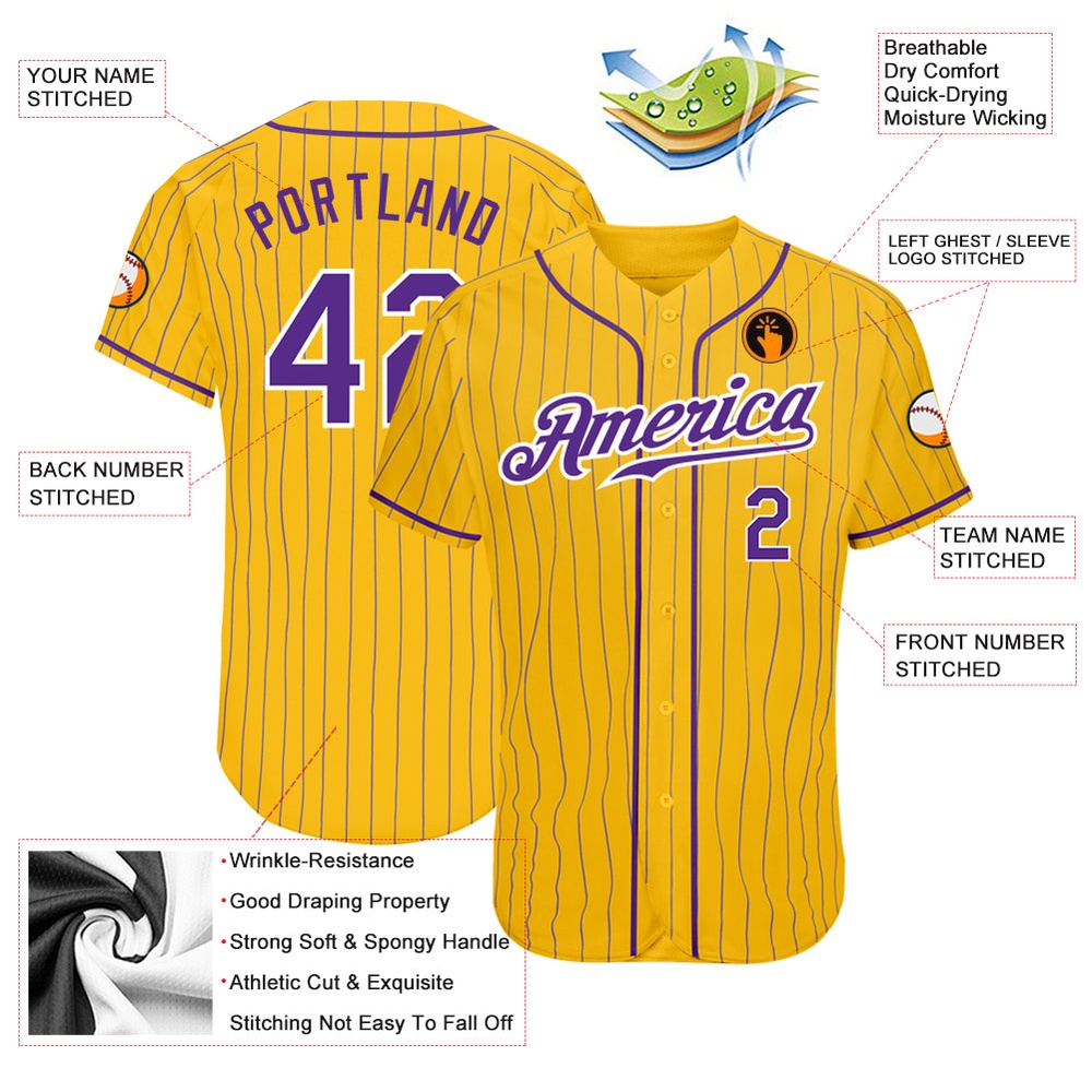 Yellow Purple Pinstripe Purple-White Authentic Baseball Jersey, Custom Baseball Jersey, Personalized Sport Jersey