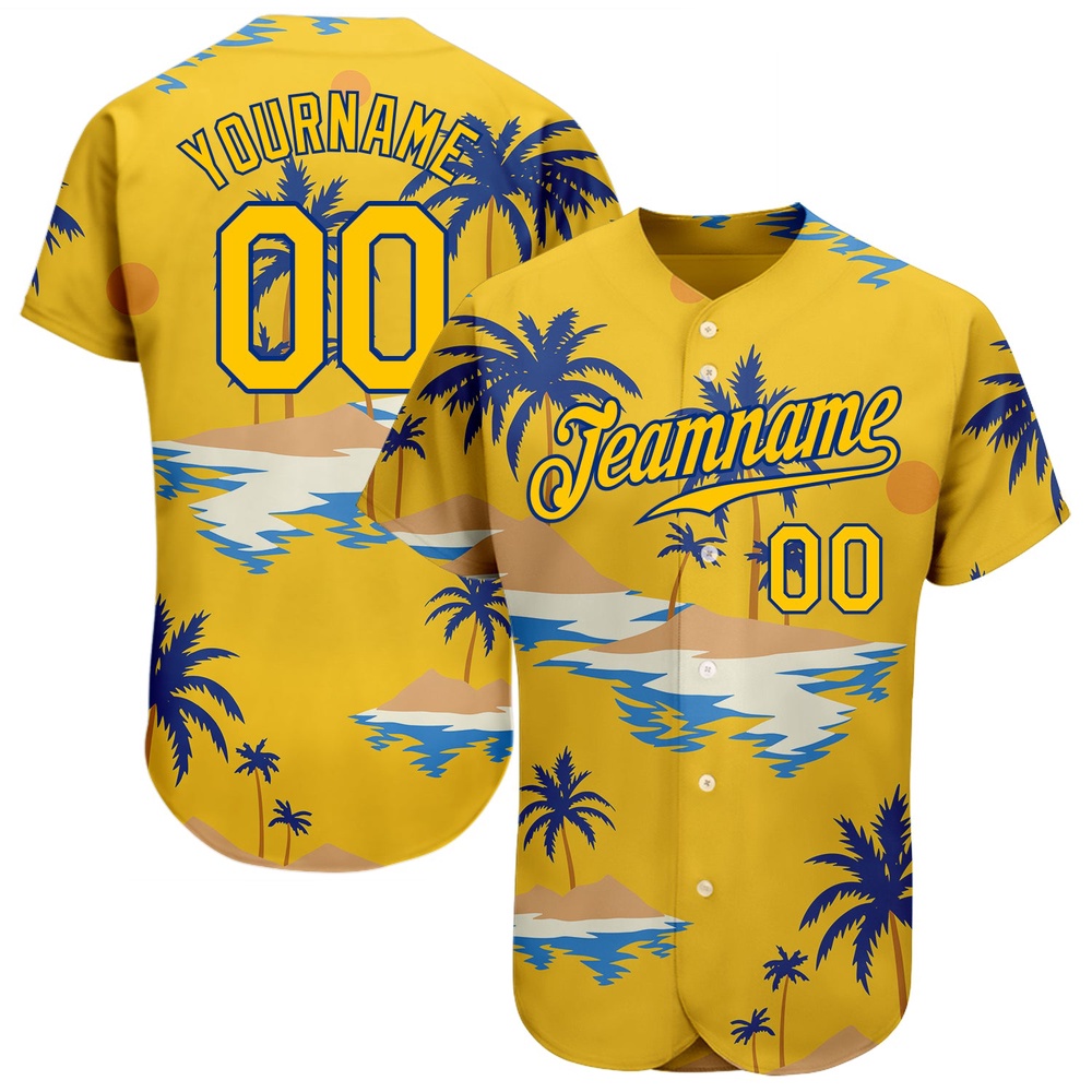 Yellow Royal 3D Pattern Design Sun Beach Hawaii Palm Trees Authentic Baseball Jersey, Custom Baseball Jersey, Personalized Sport Jersey