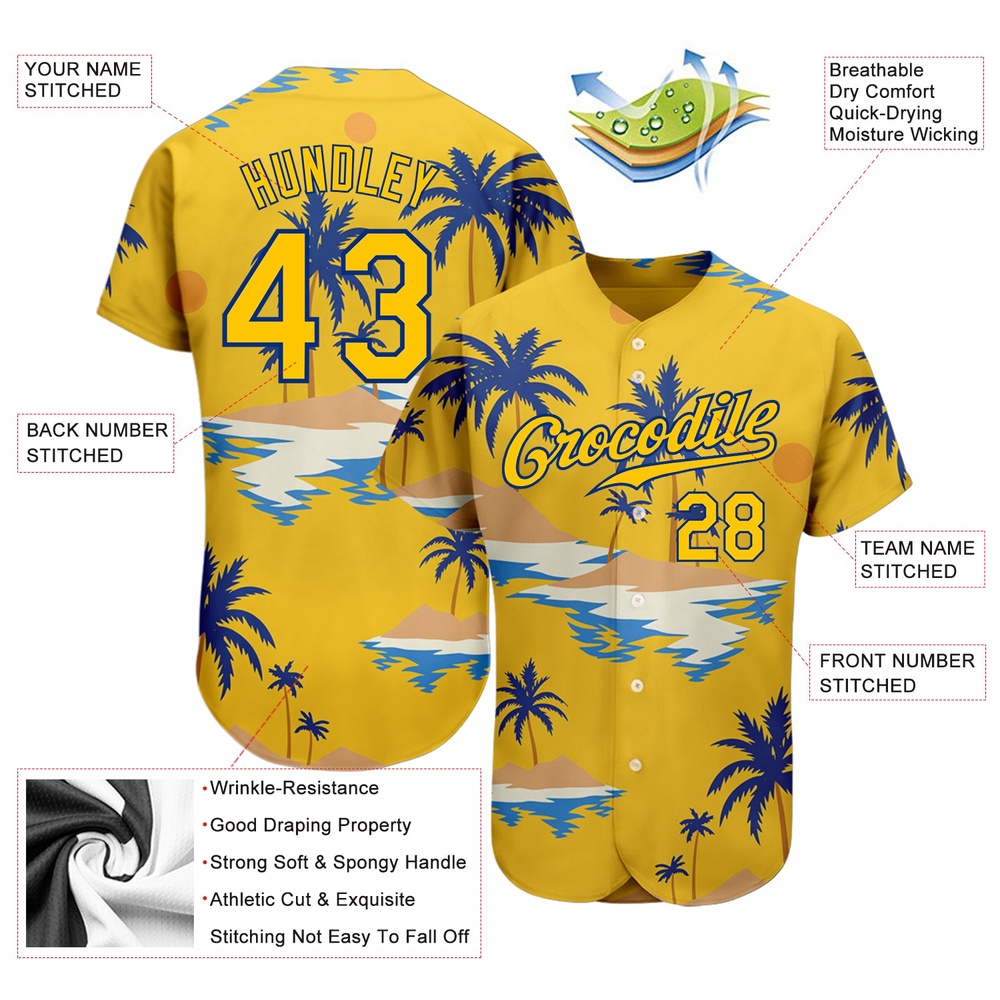 Yellow Royal 3D Pattern Design Sun Beach Hawaii Palm Trees Authentic Baseball Jersey, Custom Baseball Jersey, Personalized Sport Jersey