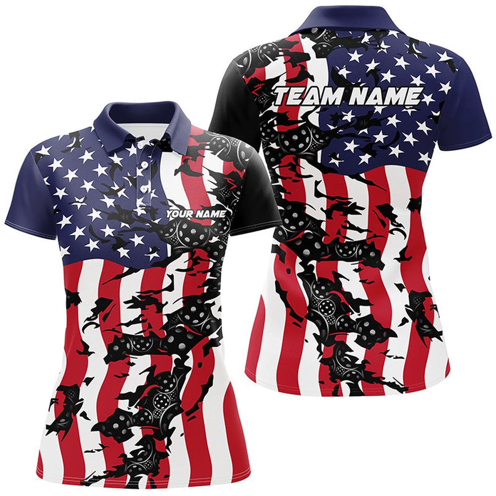 American Flag Custom Pickleball Team Shirts For Women, Patriotic Pickleball Polo Shirt, Pickleball Polo Shirts