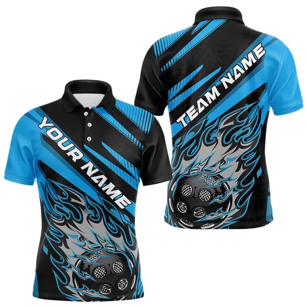 Black And Blue Custom Flame Pickleball Polo Shirts For Men, Pickleball Polo Shirts, Pickleball Polo Shirts