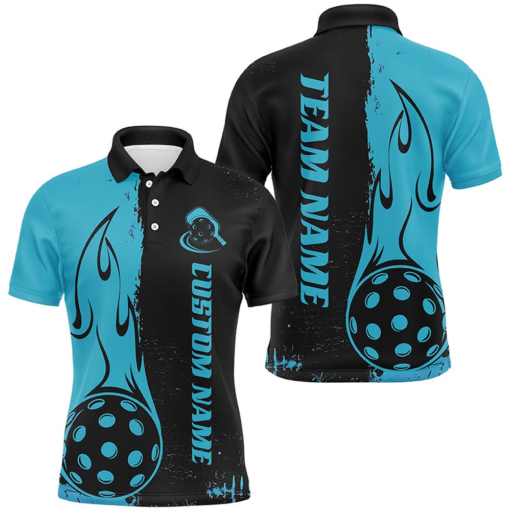 Black And Blue Custom Flame Pickleball Shirts For Men, Pickleball Team Shirt Pickleball Outfit, Pickleball Polo Shirts