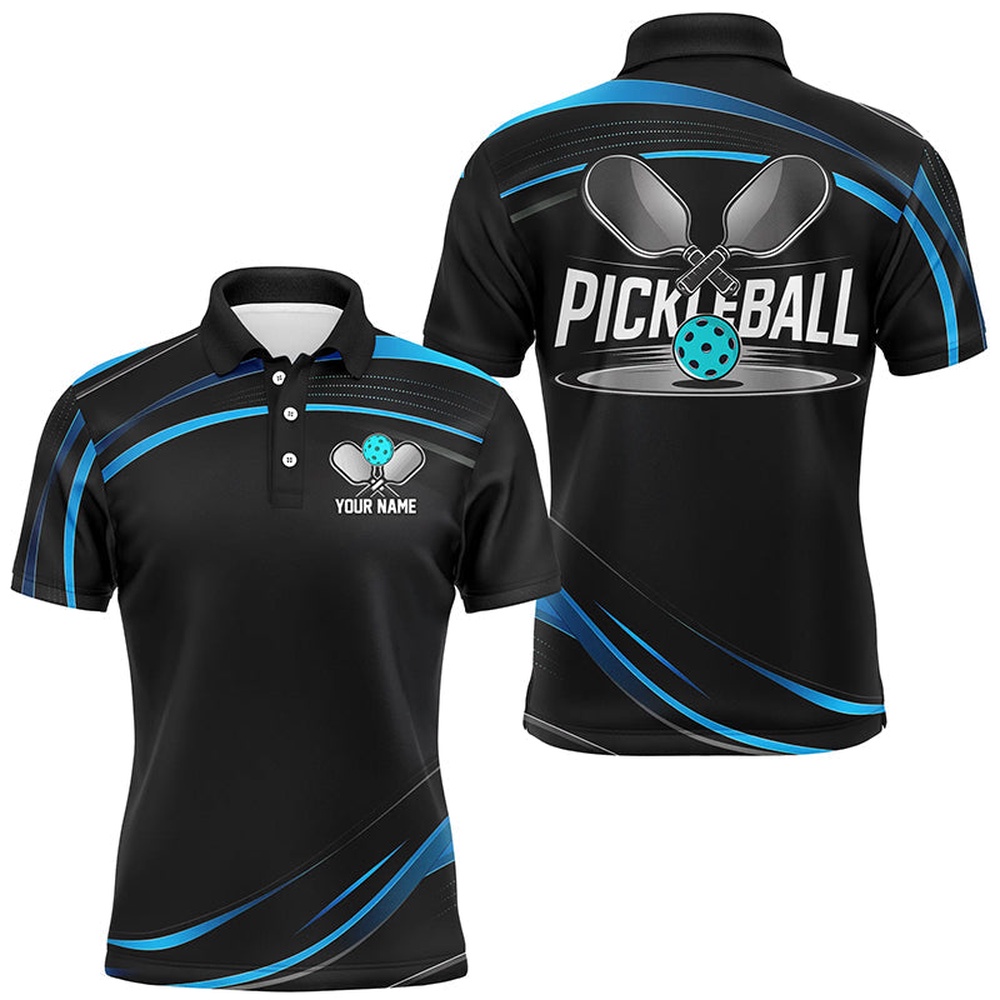 Black And Blue Custom Mens Pickleball Shirts,  Pickleball Polo Shirts, Pickleball Polo Shirts