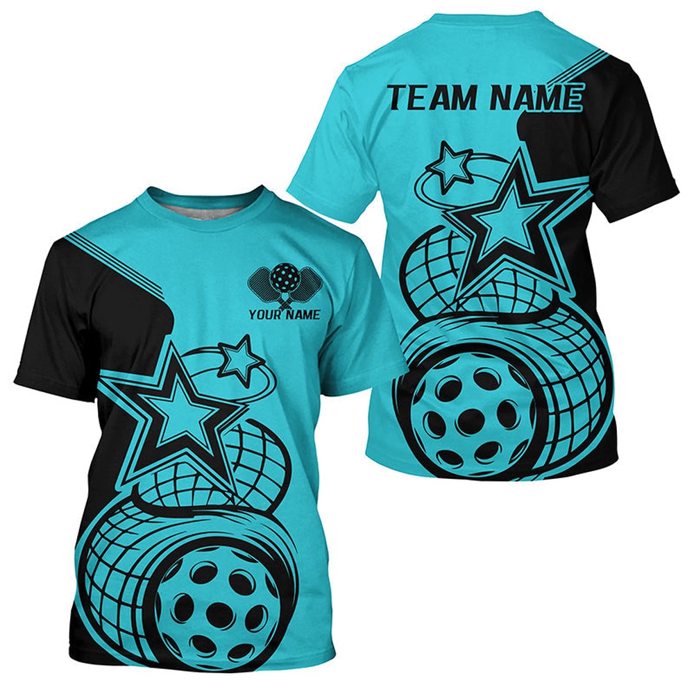 Black And Blue Custom Pickleball Star Pickleball T-Shirts For Men, Pickleball Apparel Team Outfits