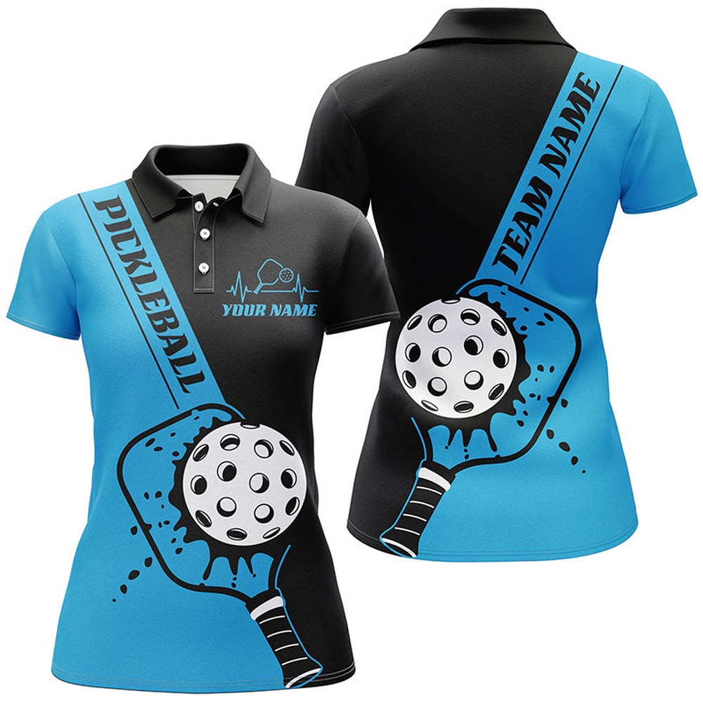 Black And Blue Custom Pickleball Team Shirts For Women, Women’s Pickleball Outfit, Pickleball Polo Shirts