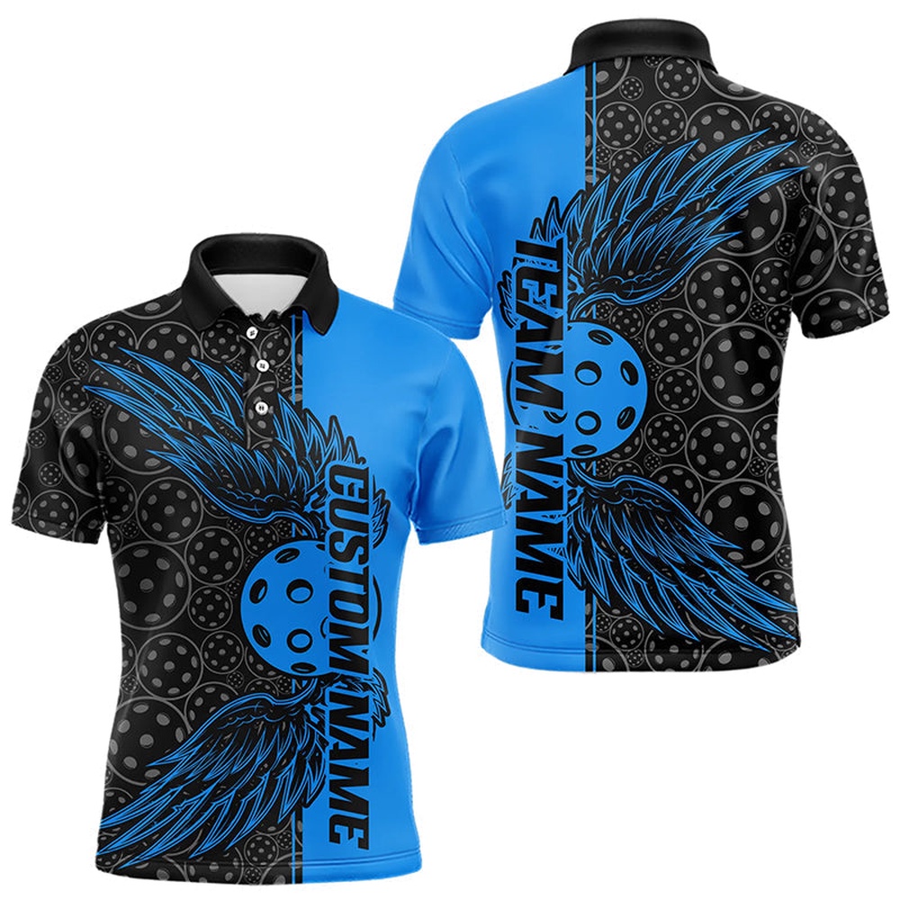 Black And Blue Custom Pickleball Wings Polo Shirts For Men, Mens Pickleball Team Shirts, Pickleball Polo Shirts