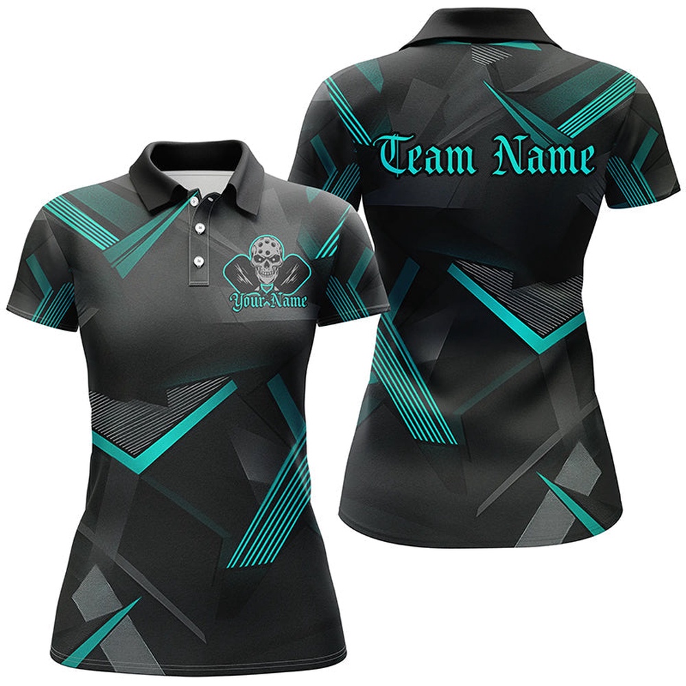 Black And Blue Custom Skull Pickleball Shirts For Women, Halloween Pickleball Outifts Gifts, Pickleball Polo Shirts