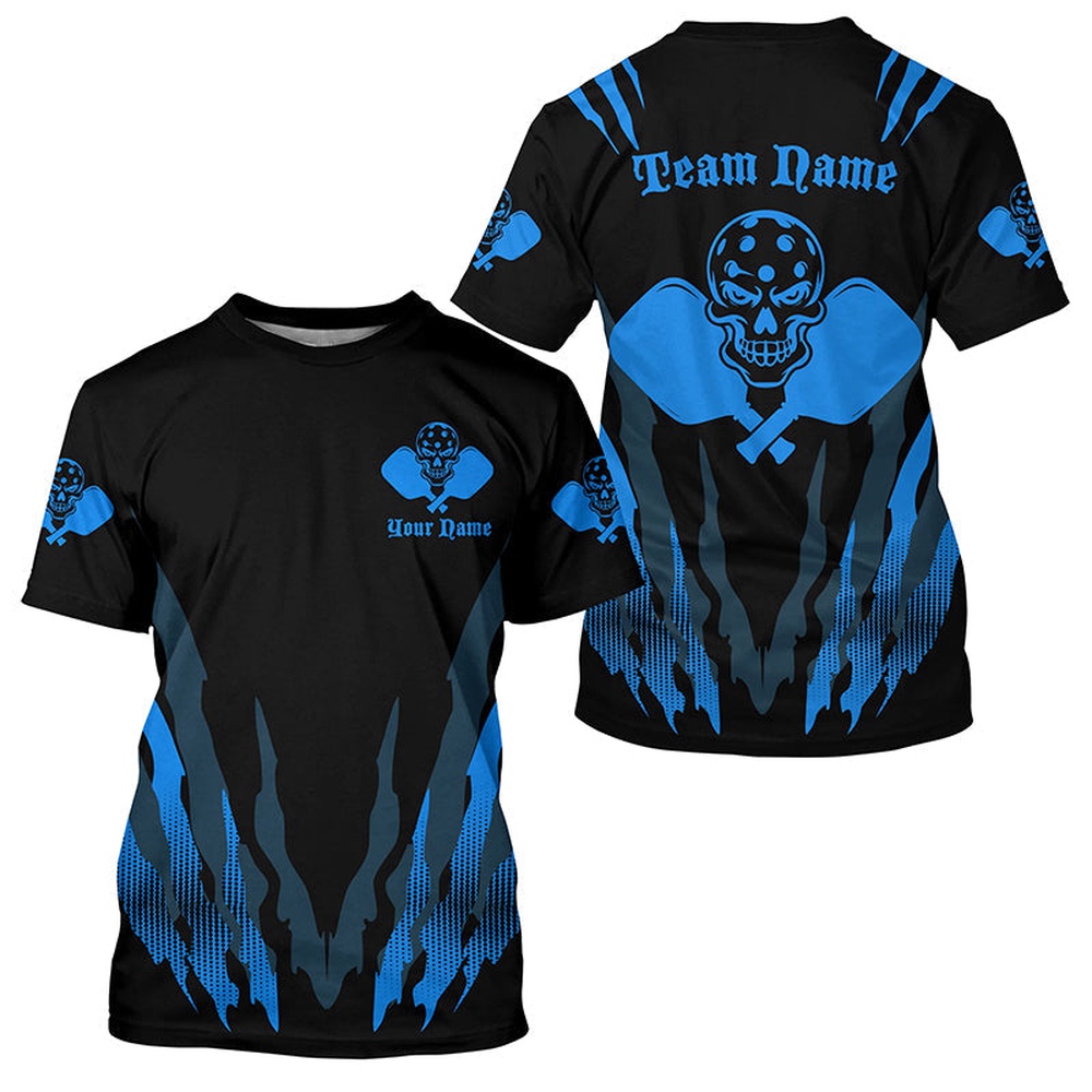 Black And Blue Custom Skull Pickleball T-Shirts For Men, Pickleball Tournament Shirt Team Uniform