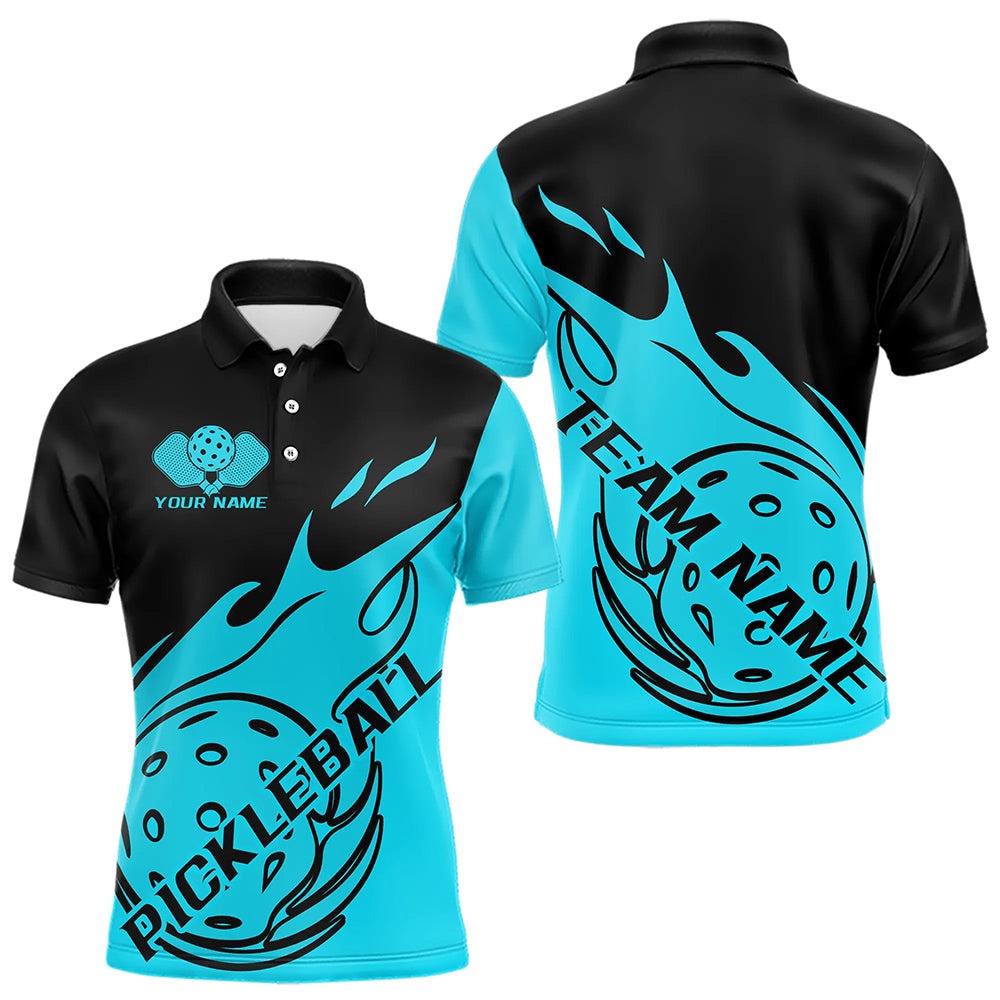 Black And Blue Fire Pickleball Ball Custom Flame Pickleball Polo Shirts For Men Team Outfit, Pickleball Polo Shirts