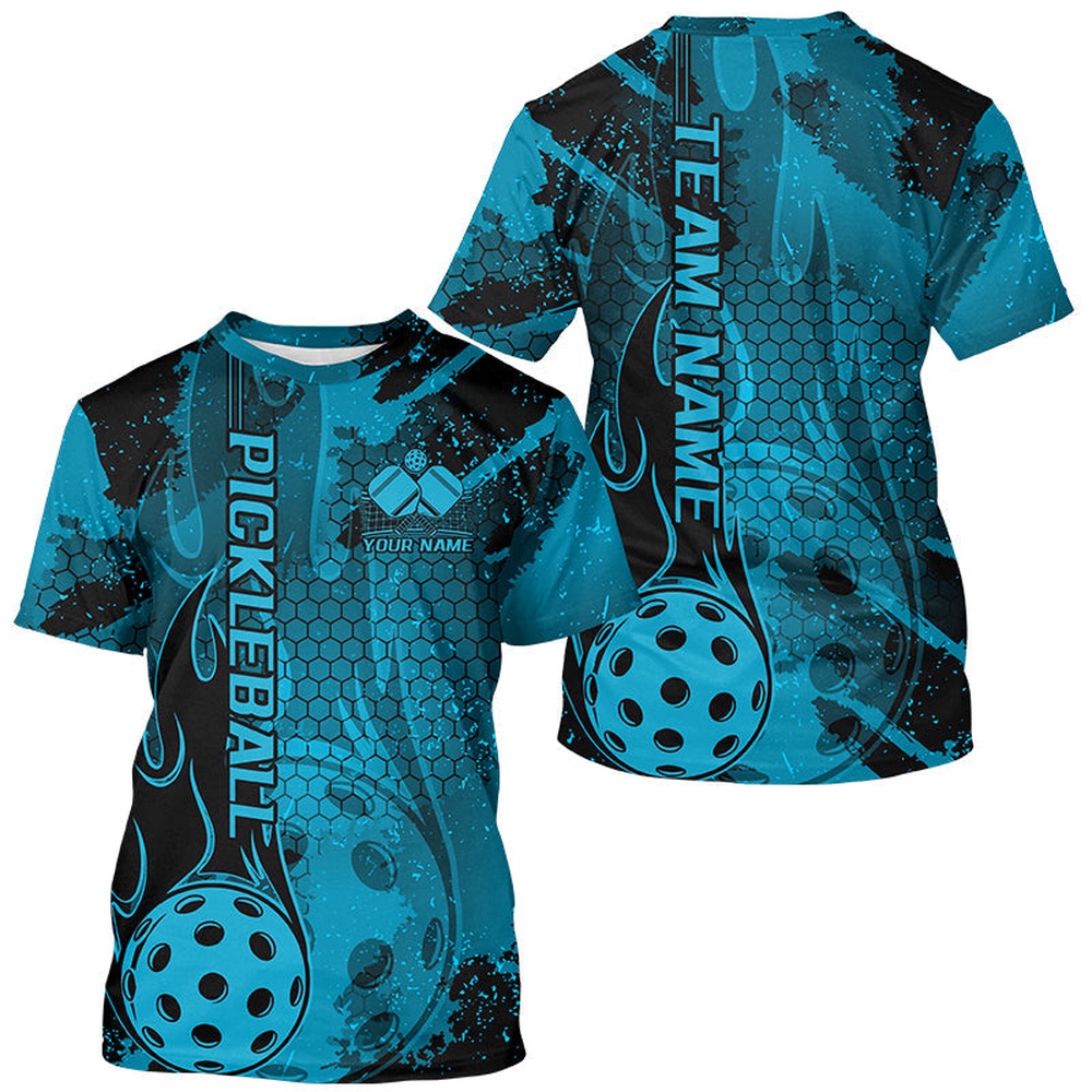Black And Blue Flame Custom Pickleball T-Shirts For Men, Pickleball Uniforms Team Pickleball 3D TShirts