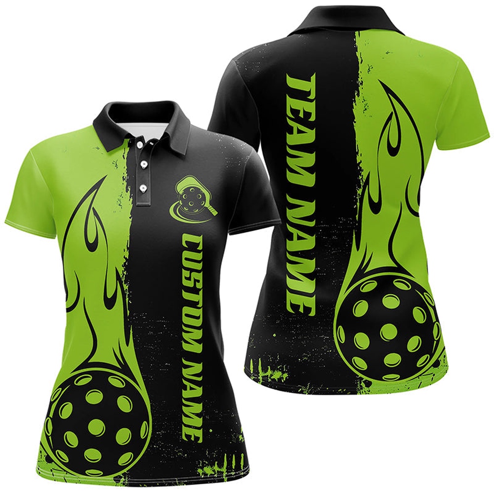 Black And Green Custom Flame Ladies Pickleball Shirts, Pickleball Team Shirt Outfit, Pickleball Polo Shirts