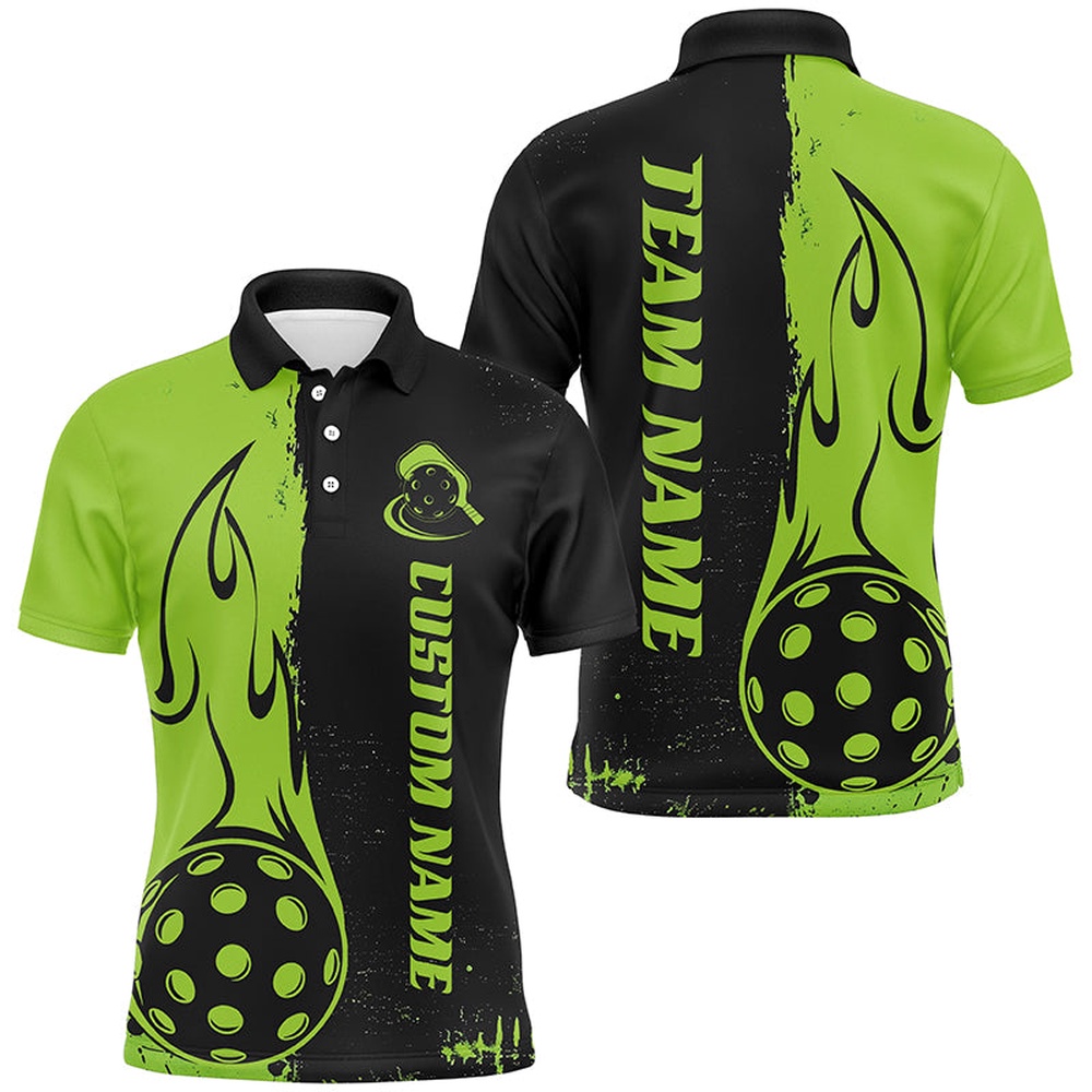Black And Green Custom Flame Pickleball Shirts For Men, Pickleball Team Shirt Pickleball Outfit, Pickleball Polo Shirts