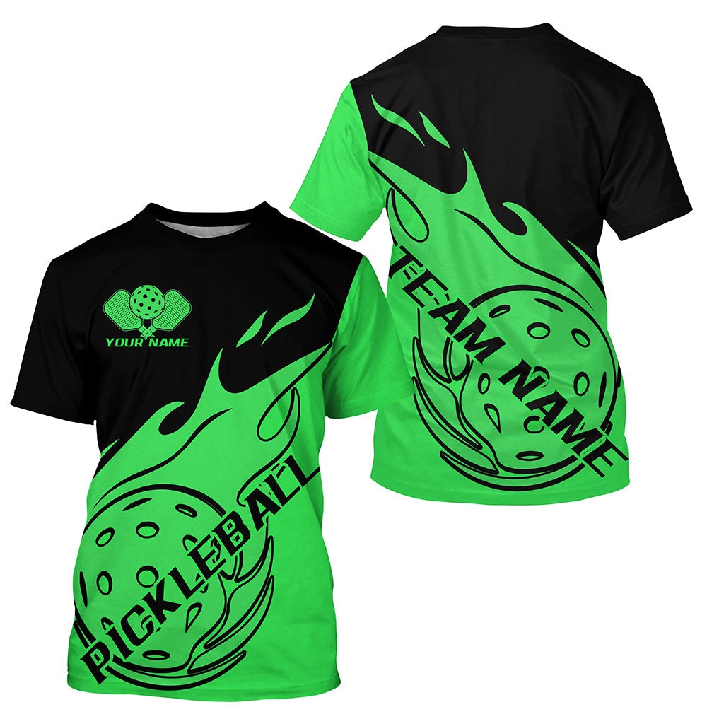 Black And Green Fire Pickleball Ball Custom Flame Pickleball T-Shirts For Men, Pickleball Team Shirts Outfit