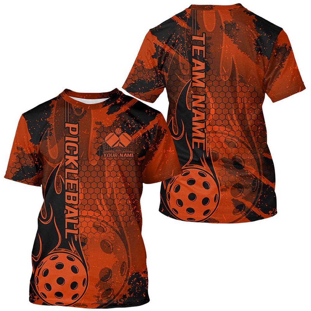 Black And Orange Flame Custom Pickleball T-Shirts For Men, Pickleball Uniforms Team Pickleball 3D TShirts