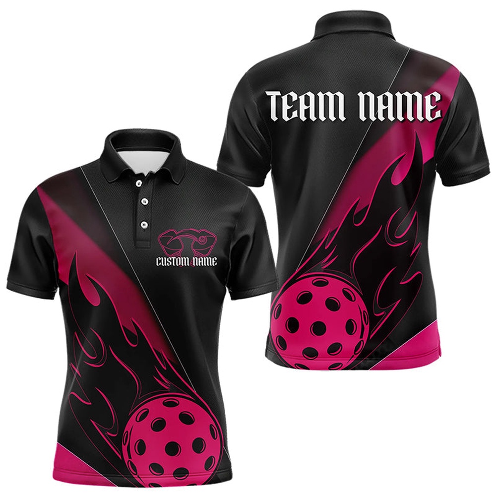 Black And Pink Custom Flame Pickleball Polo Shirts For Men, Unisex Pickleball Team Shirts, Pickleball Polo Shirts