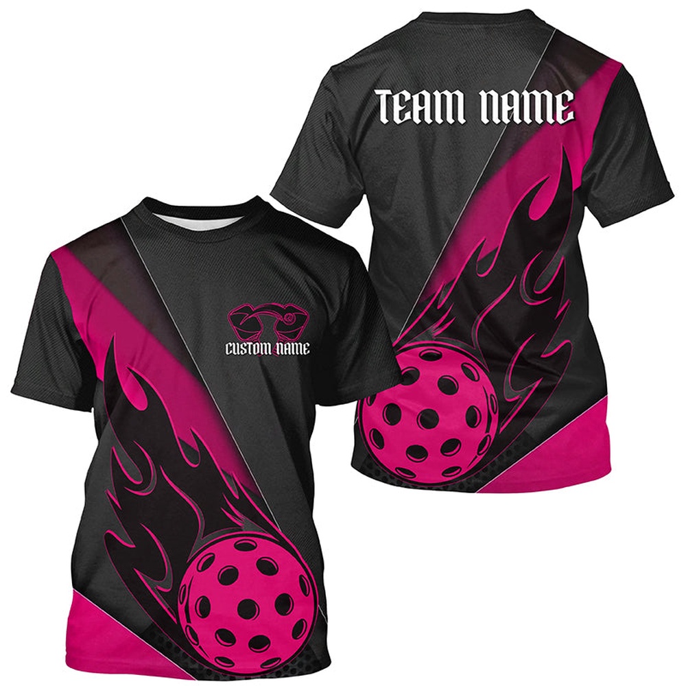 Black And Pink Custom Flame Pickleball T-Shirts For Men, Unisex Pickleball Outfits Pickleball Team Shirts