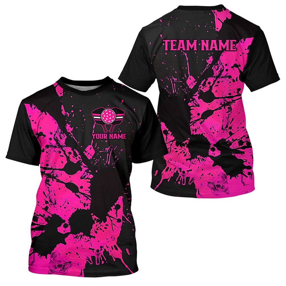 Black And Pink Splatter Custom Pickleball T-Shirts For Men, Pickleball Tournamen Team Shirt