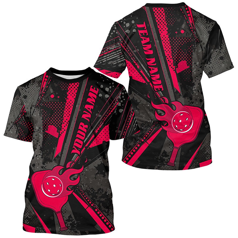 Black And Red Custom Flame Pickleball T-Shirts For Men, Pickleball 3D TShirts Pickleballer Outfit